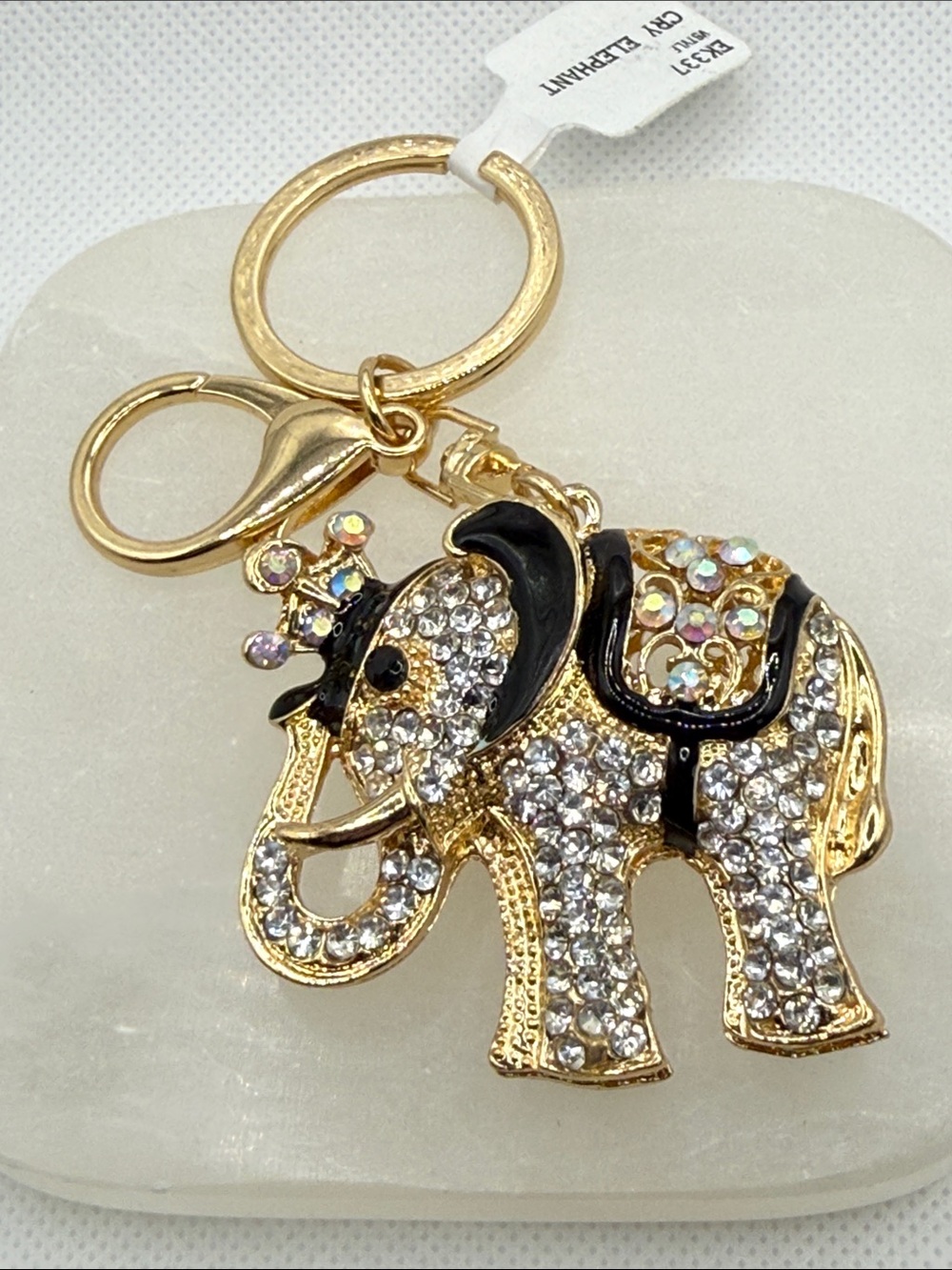Adorable Gold tone rhinestone Elephant Keychain Charm enamel & Aurora bag charm